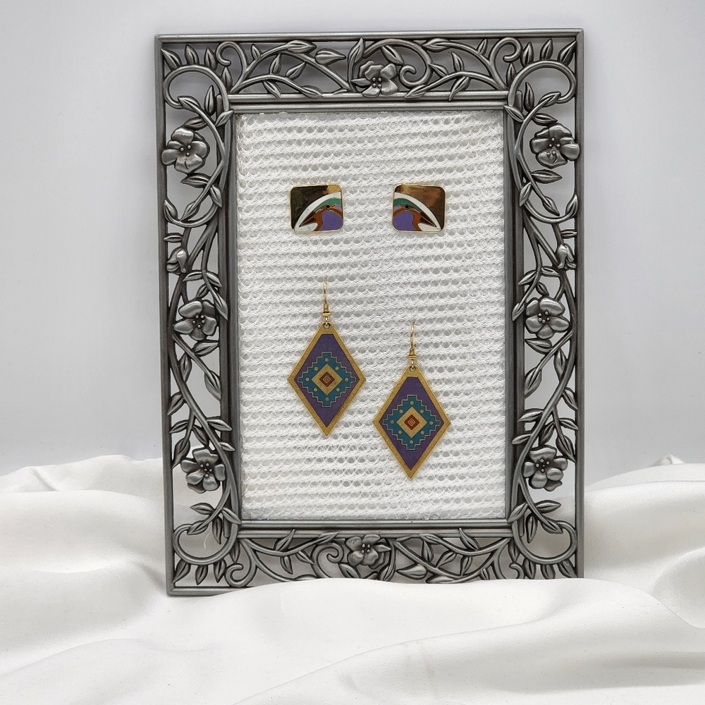 2pr Vintage Laurel Burch Earrings Miwok Dangle & Toni-mon Bird Square